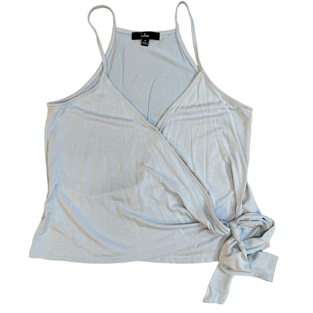 Lulu’s pale blue strappy halter neck faux wrap top with tie size M